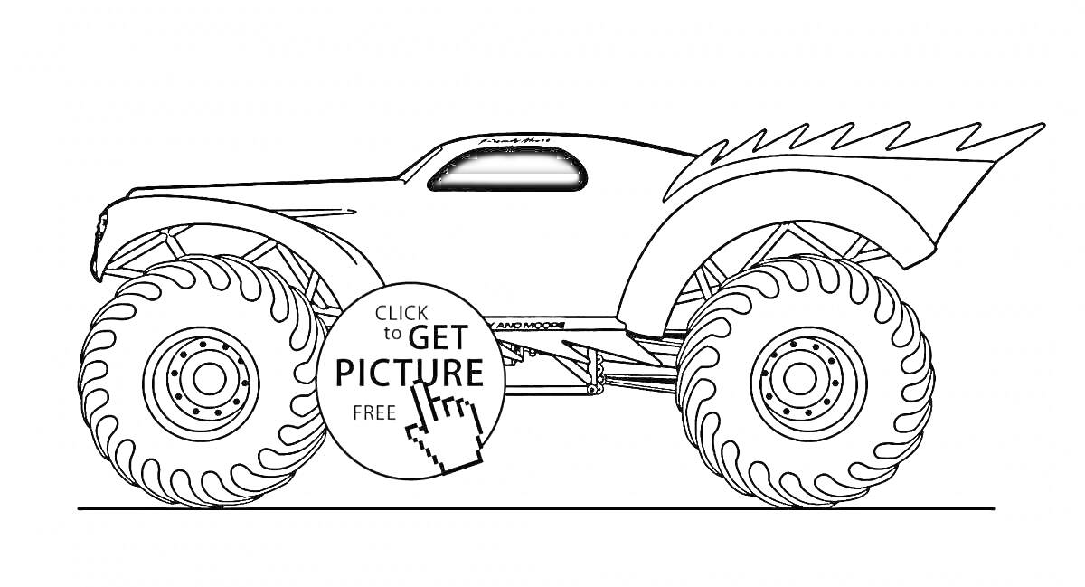 Раскраска Гоночный монстр-трак с большими колесами и спойлером