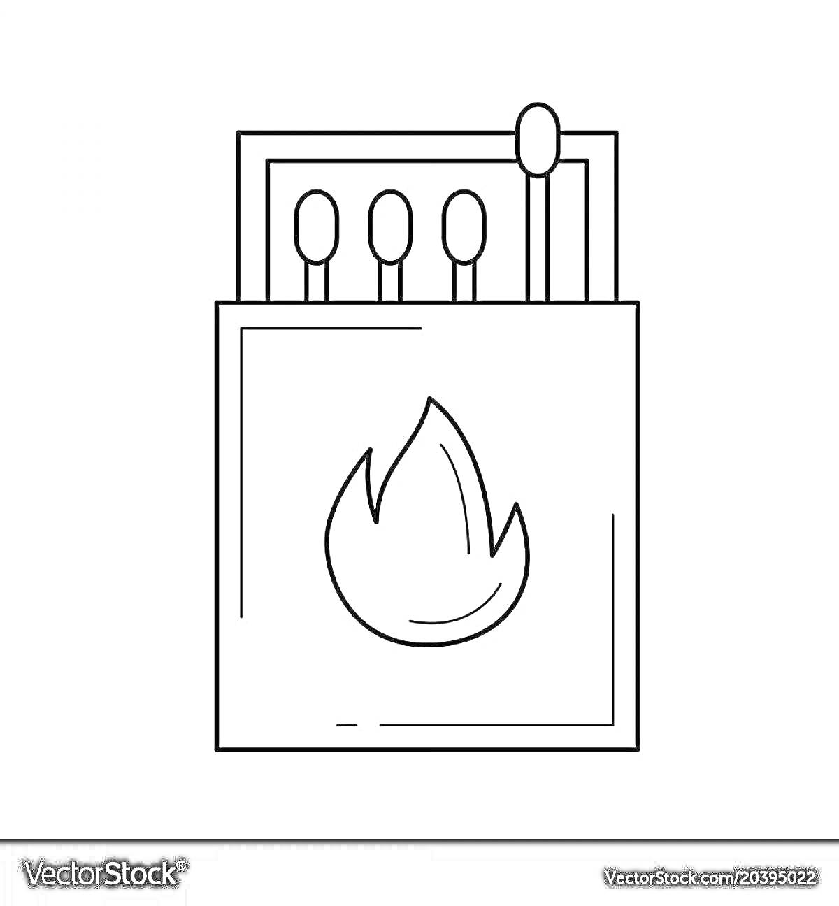 Раскраска Коробок спичек с пятью спичками, одна из которых зажжена, и изображение пламени на коробке