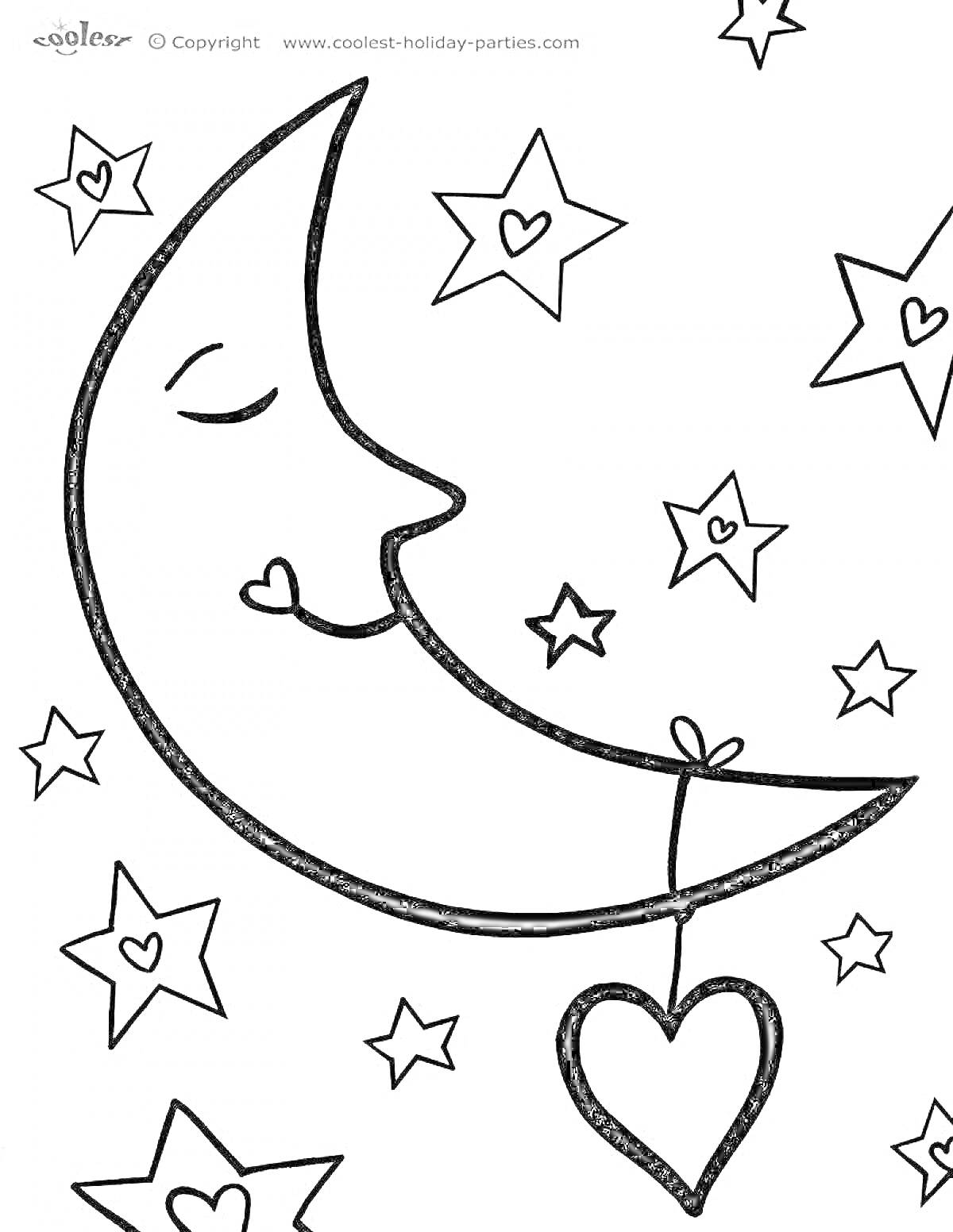 Раскраска спящий месяц с подвесным сердцем и звездами
