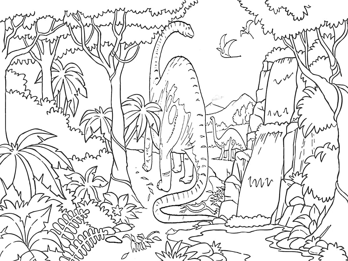 На раскраске изображено: Джунгли, Динозавр, Деревья, Кусты, Птица, Скалы, Трава, Природа