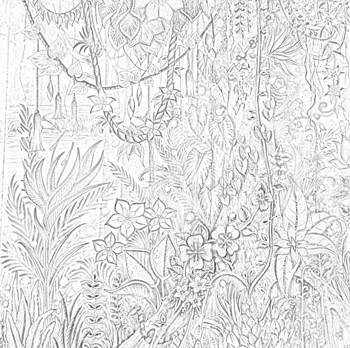 На раскраске изображено: Джунгли, Цветы, Листья, Деревья, Природа, Джоанна Басфорд
