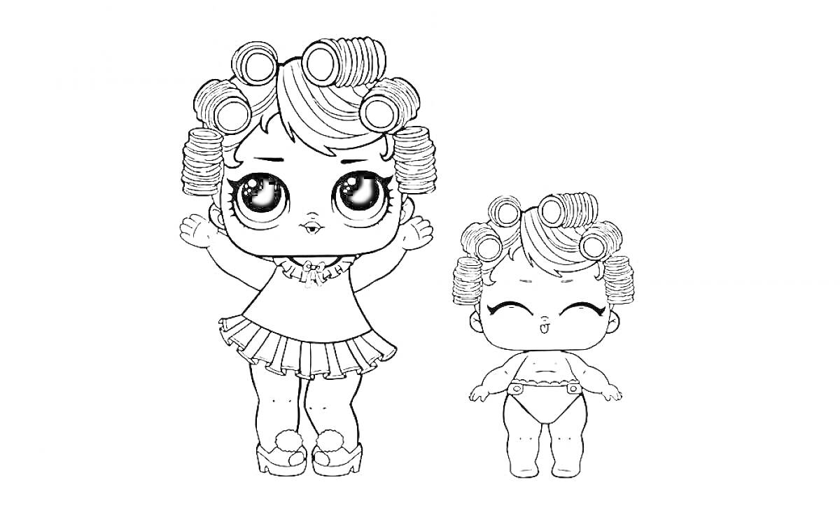 Раскраска Две куклы Лол Конфетти Поп, одна в платье с бантиком, вторая в нижнем белье, обе с бигуди на волосах