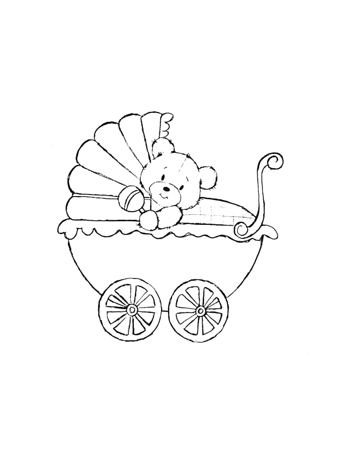 На раскраске изображено: Коляска, Мишка, Капюшон, Игрушка, Колеса, Медвежонок