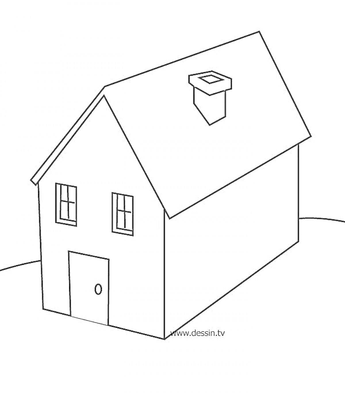 На раскраске изображено: Дом, Крыша, Дымоход, Окна, Дверь, Архитектура