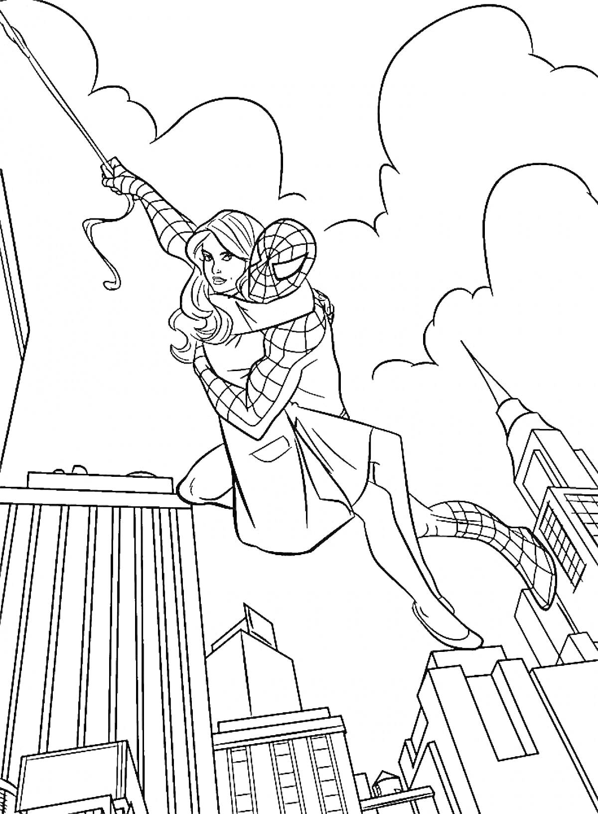 Раскраска Супергерой-паук, держащий женщину, на фоне города