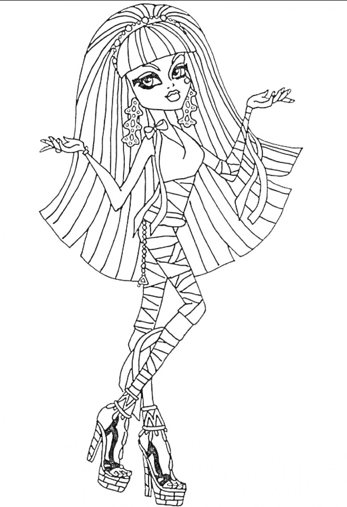 Раскраска раскраска с куклой монстер хай в платье, с распущенными волосами, в высоких туфлях на платформе