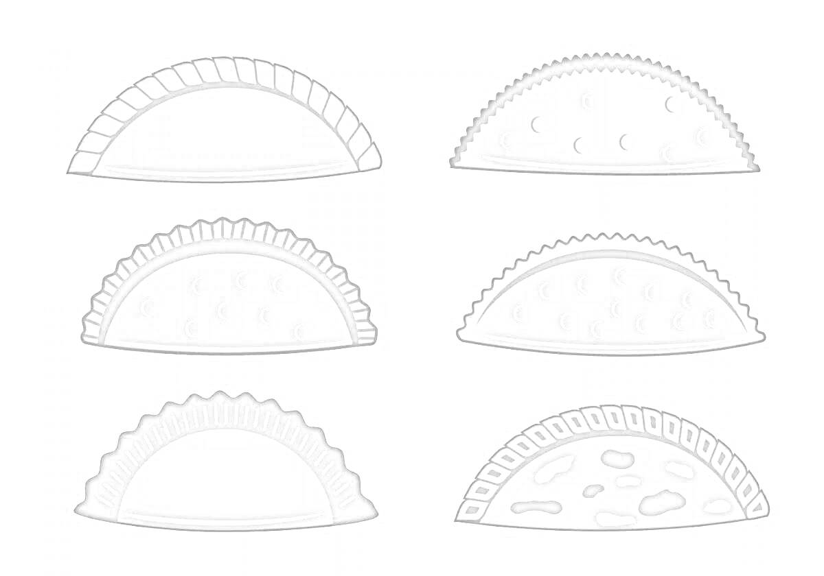 Раскраска Шесть чебуреков с разными узорами
