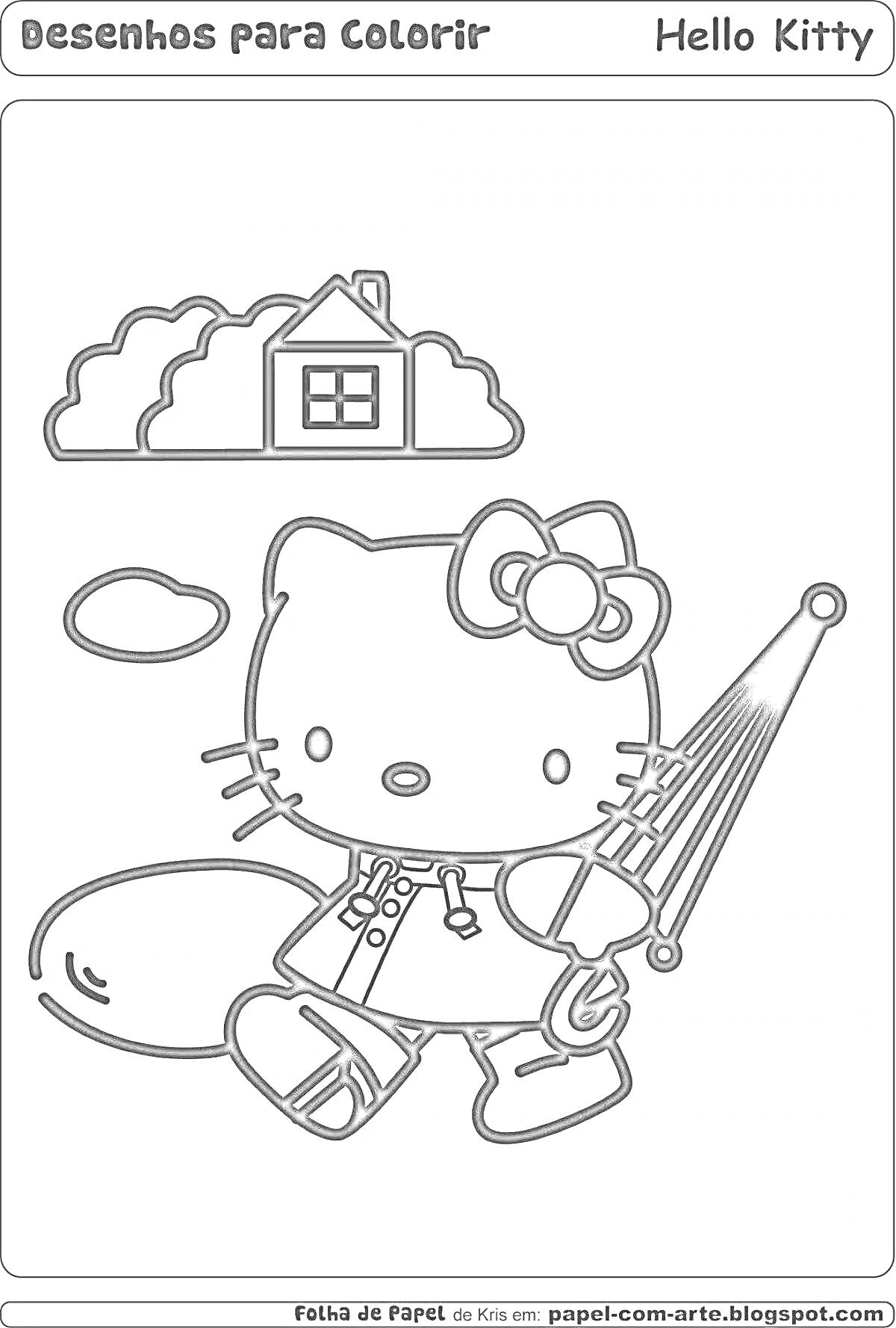 Раскраска Hello Kitty с зонтиком рядом с домом