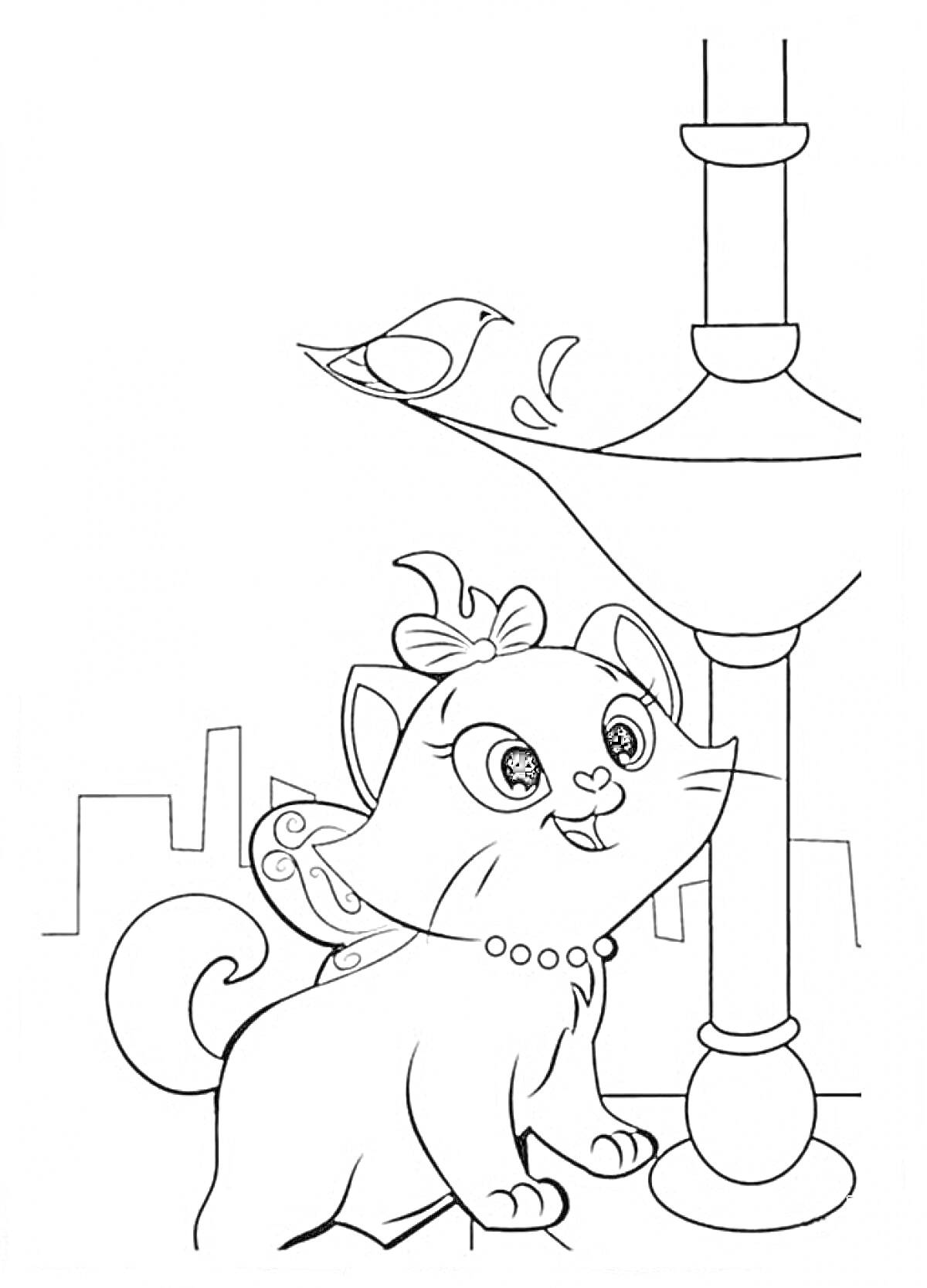Раскраска Кошка Мари с бантом и ожерельем, фонарь, птичка в городе