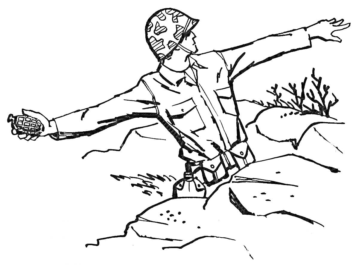 Раскраска Солдат с гранатой, стоящий в окопе на передовой (мужчина в армейской форме и каске размахивает руками, в одной из которых держит гранату, вокруг него окоп и кусты)