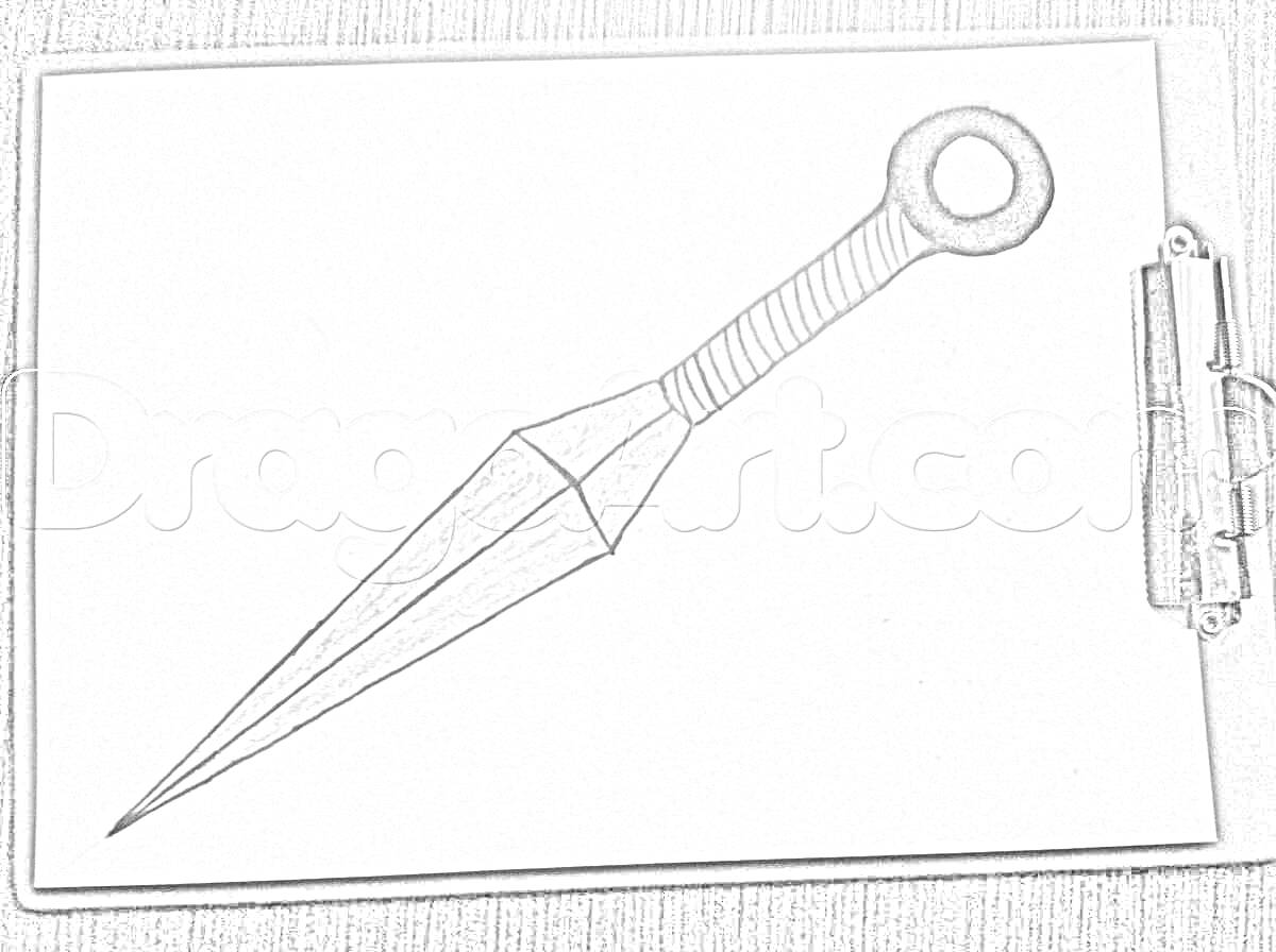 На раскраске изображено: Кунай, Нож, Оружие, Зажим, Доска
