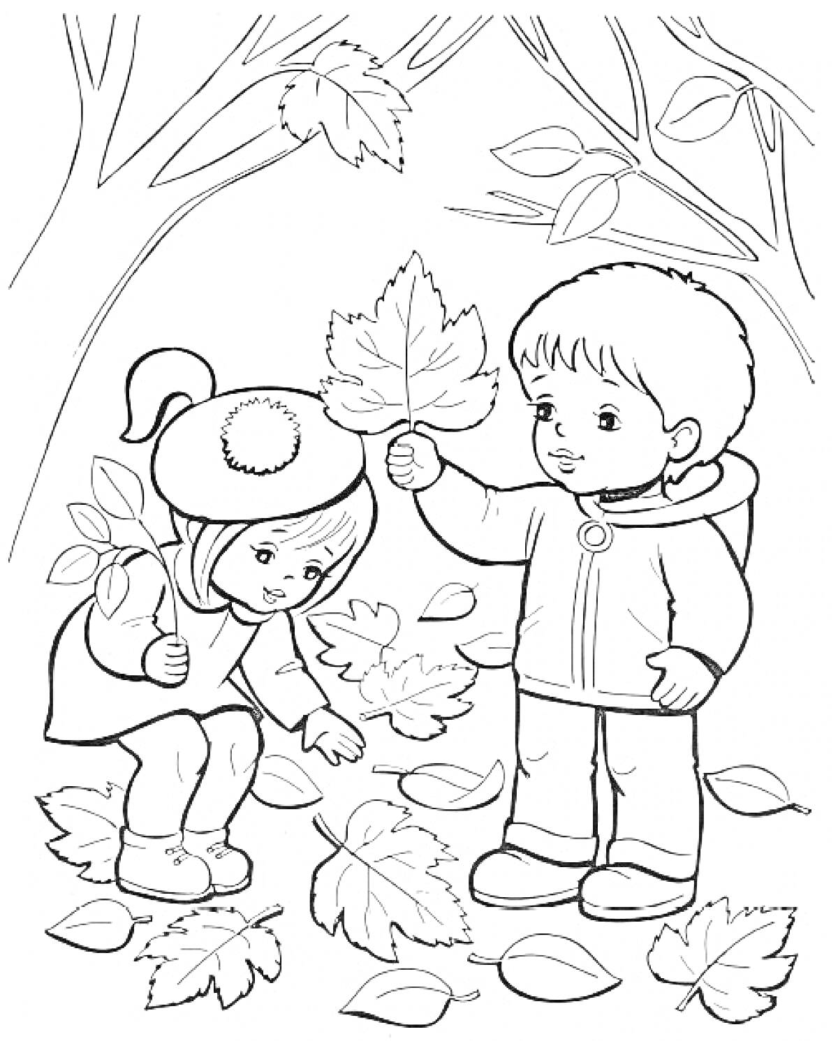 Раскраска Дети собирают осенние листья под деревьями