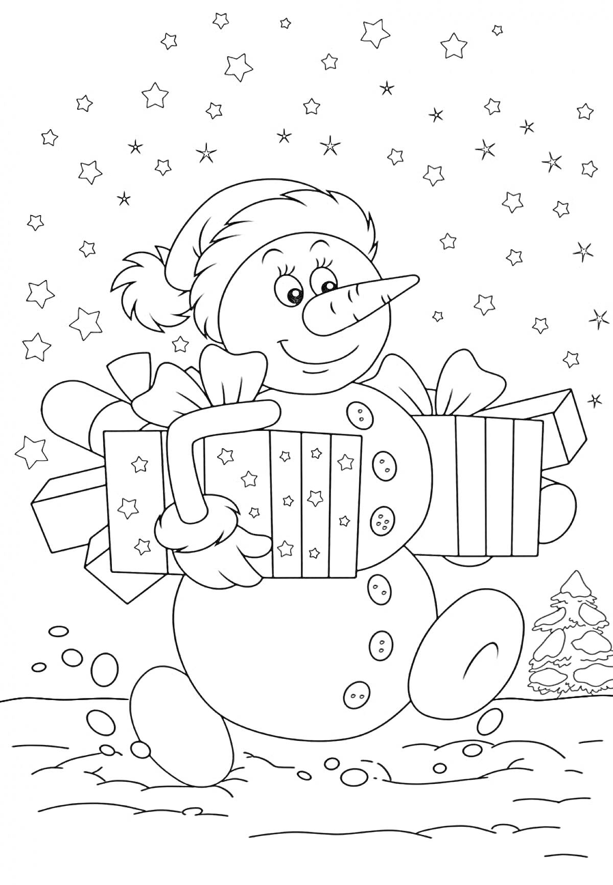 На раскраске изображено: Новый год, Подарки, Звезды, Зима, Снег, Зимний лес