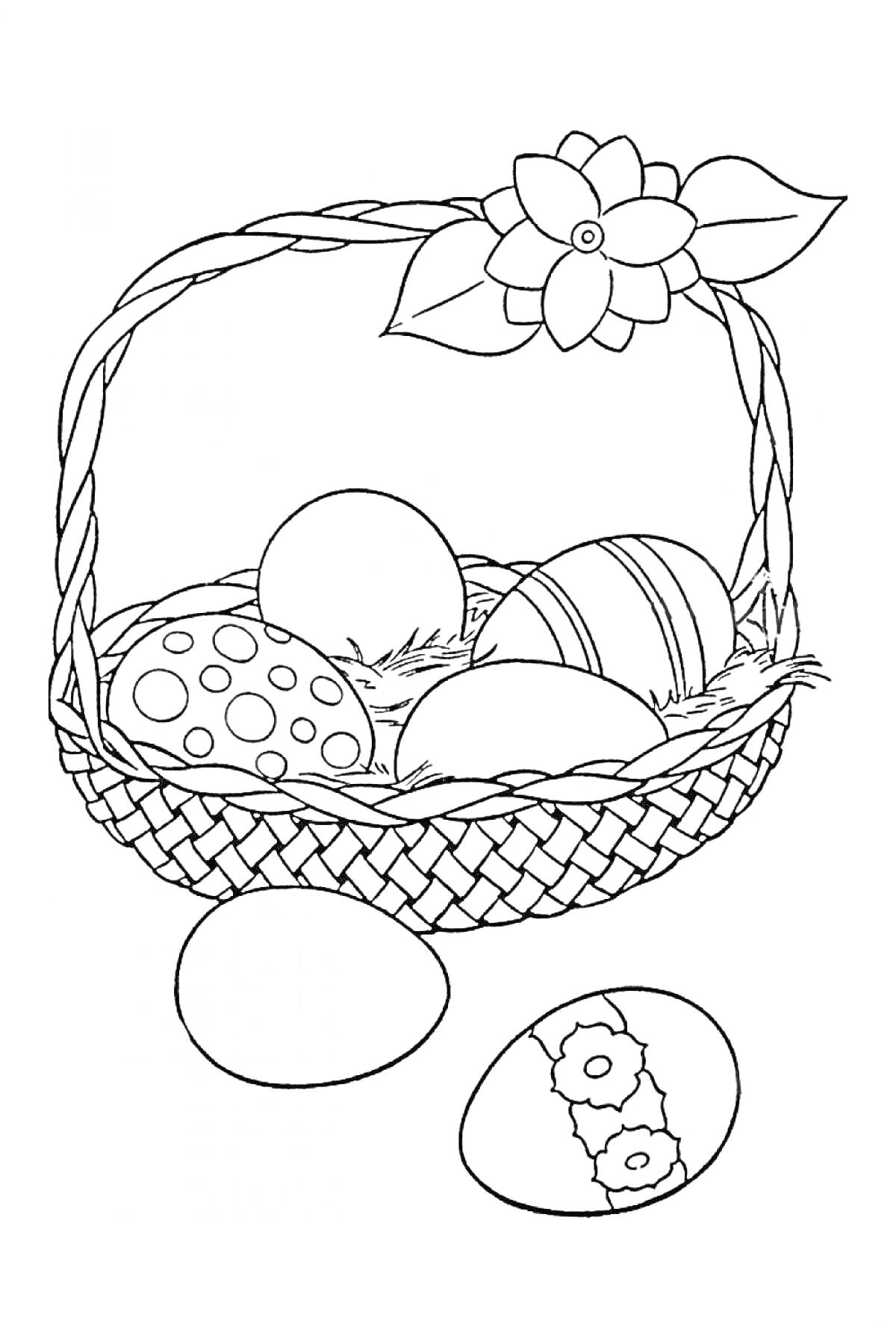 Пасхальная корзина с цветком, в которой находятся три декорированных яйца и два яйца вне корзины на переднем плане
