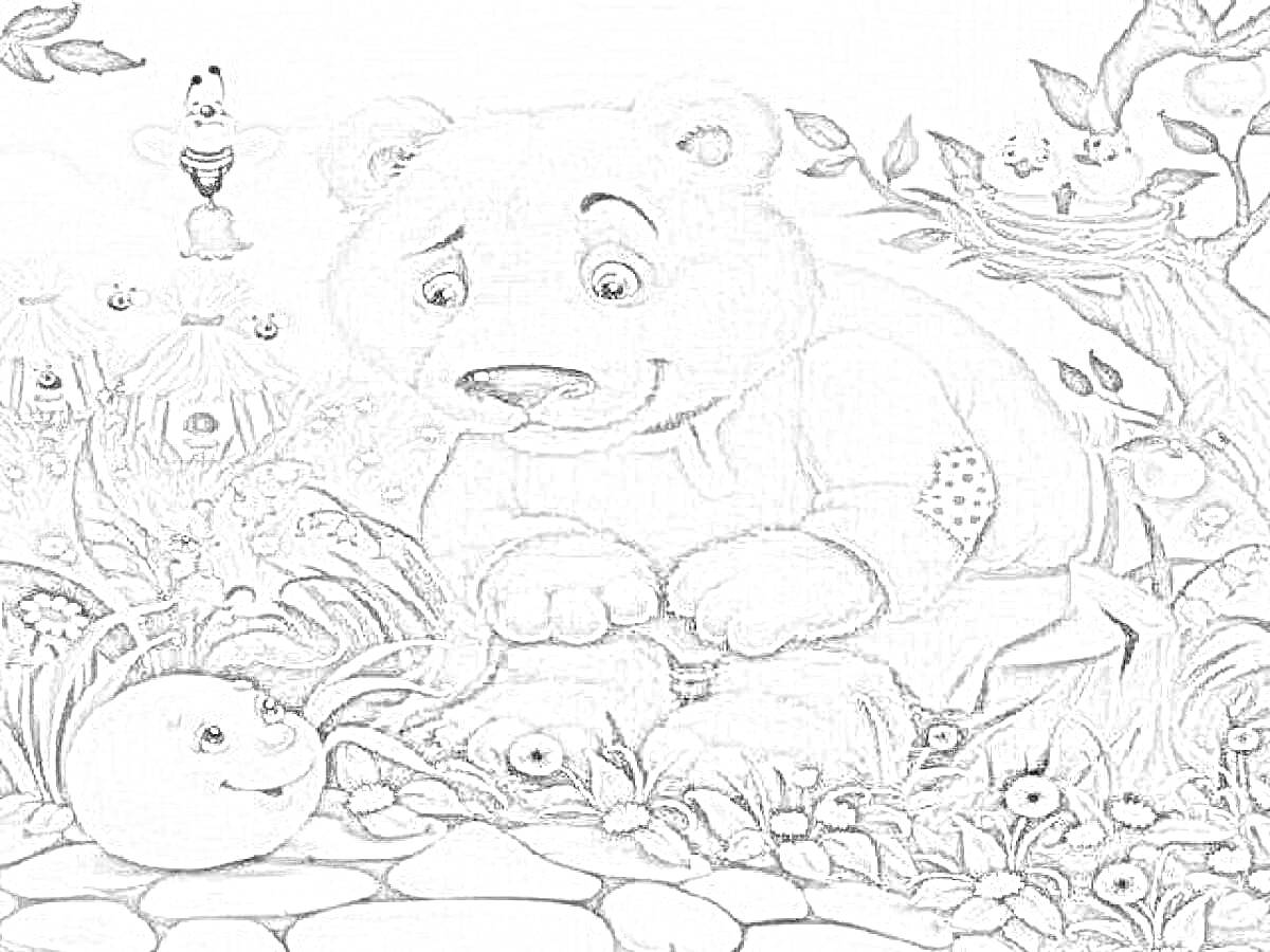 На раскраске изображено: Медведь, Колобок, Лес, Цветы, Филин, Пчелы, Природа