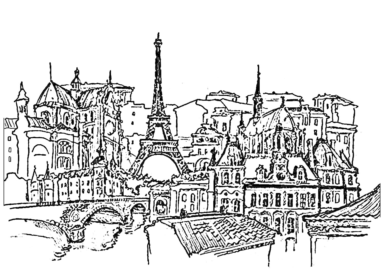На раскраске изображено: Франция, Париж, Эйфелева башня, Городской пейзаж, Здания, Мост, Река, Архитектура, Достопримечательности