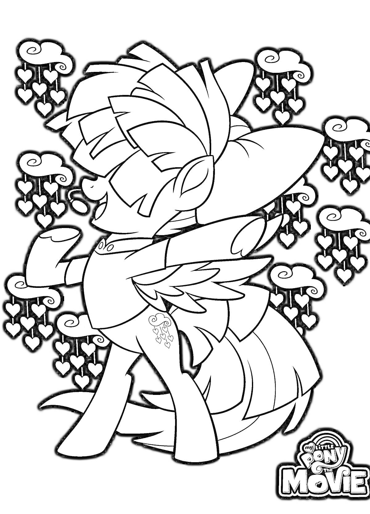 Раскраска Радостная пони с крыльями на фоне дождя из облаков и сердец