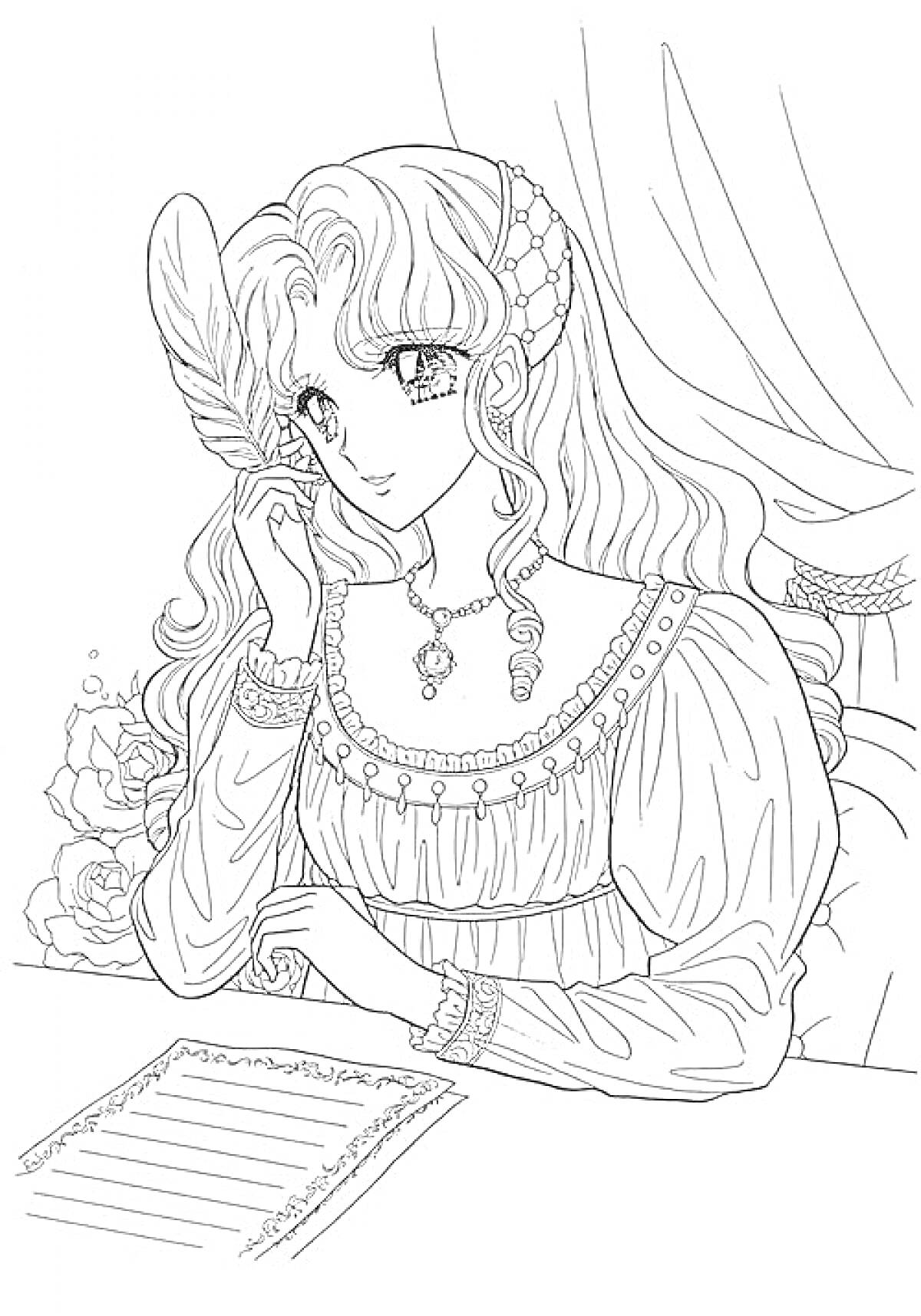 Аниме девушка пишет письмо, с длинными волосами, пером в руке, в платье с украшениями, сидящая за столом на фоне занавеса и цветов