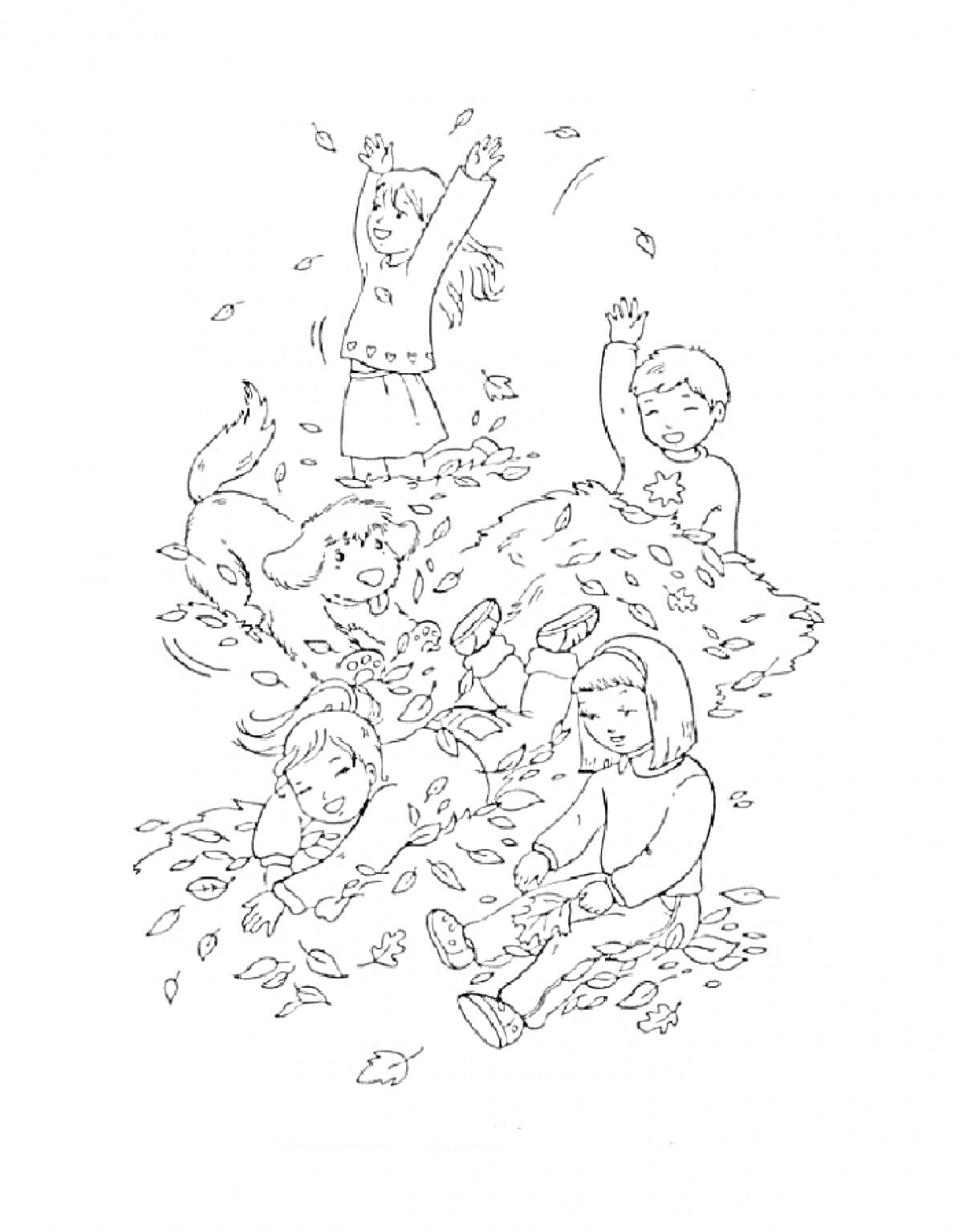 Раскраска Дети, играющие в куче осенних листьев с собакой