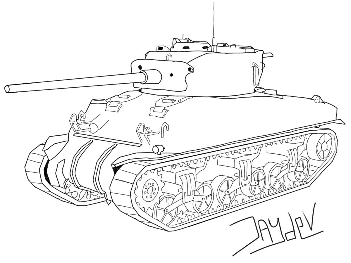 На раскраске изображено: Танк, Т-34, Гусеницы, Пушка, Техника, Военная техника