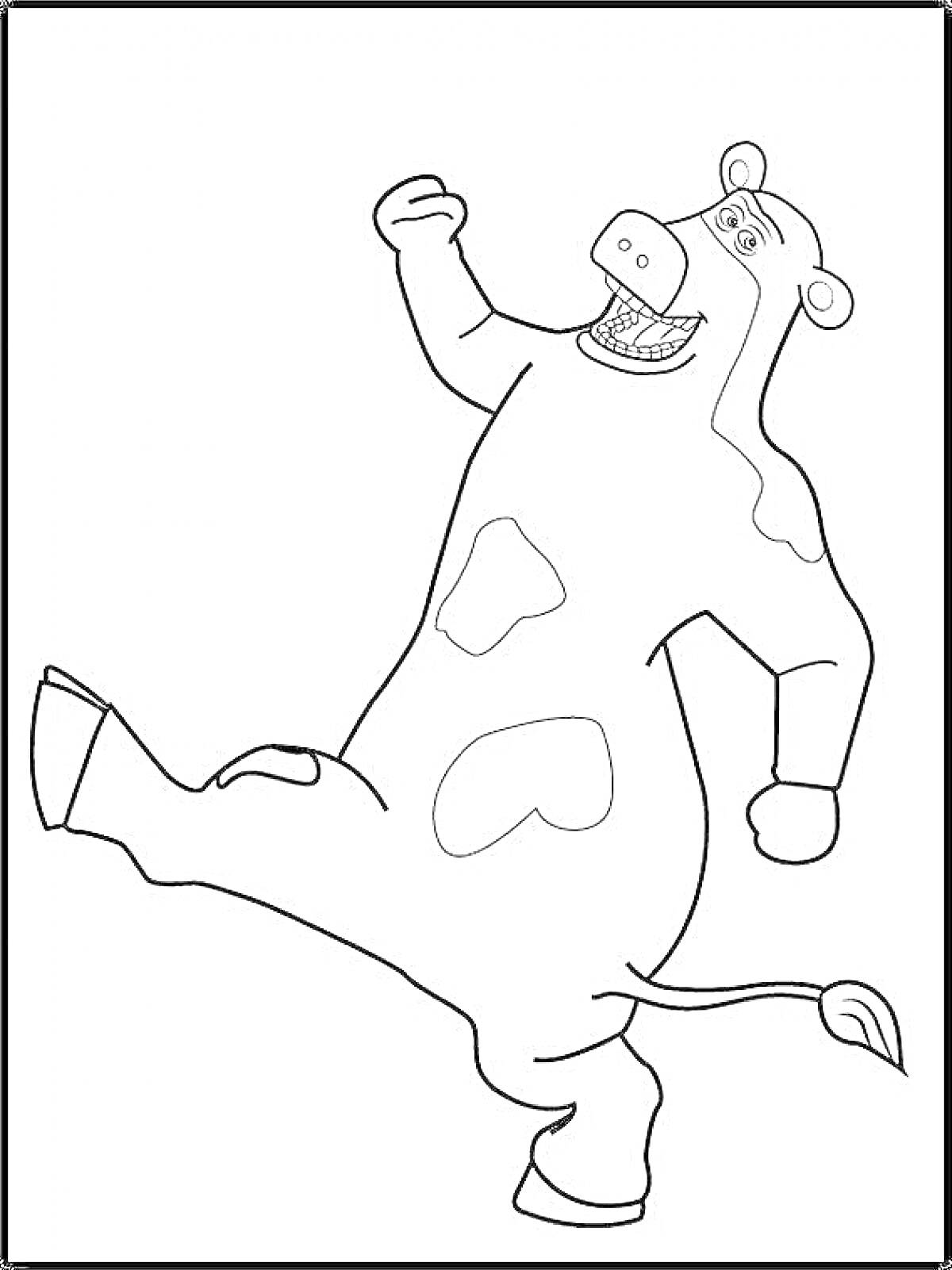 Раскраска Коровы с высоко поднятой ногой, с контуром туловища и морды, с видимым хвостом, пятнами на туловище и одним на морде, улыбающаяся