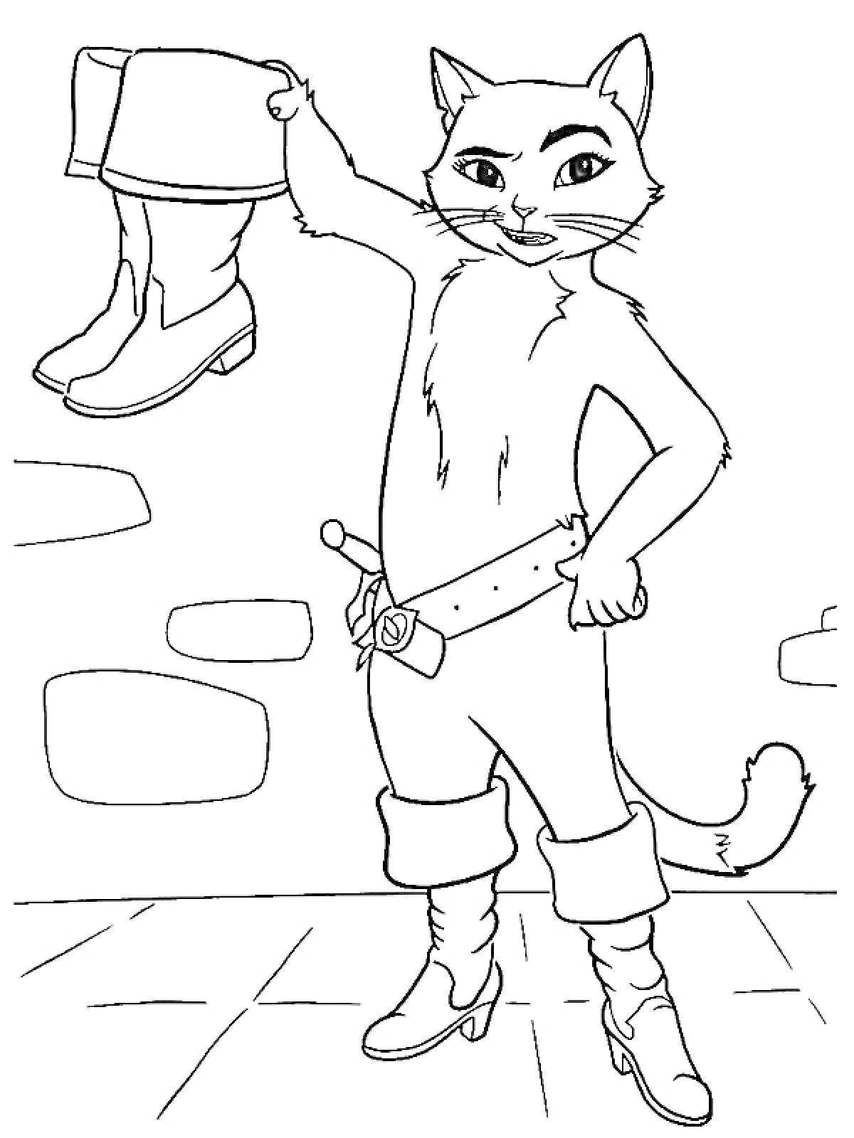  Кот в сапогах, стоящий в сапогах и держащий один сапог на фоне каменной стены