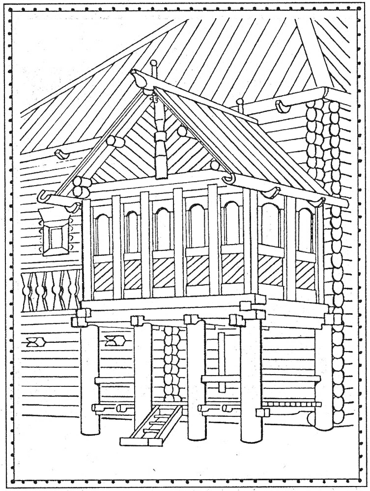 Раскраска Русская изба с балконом и крыльцом