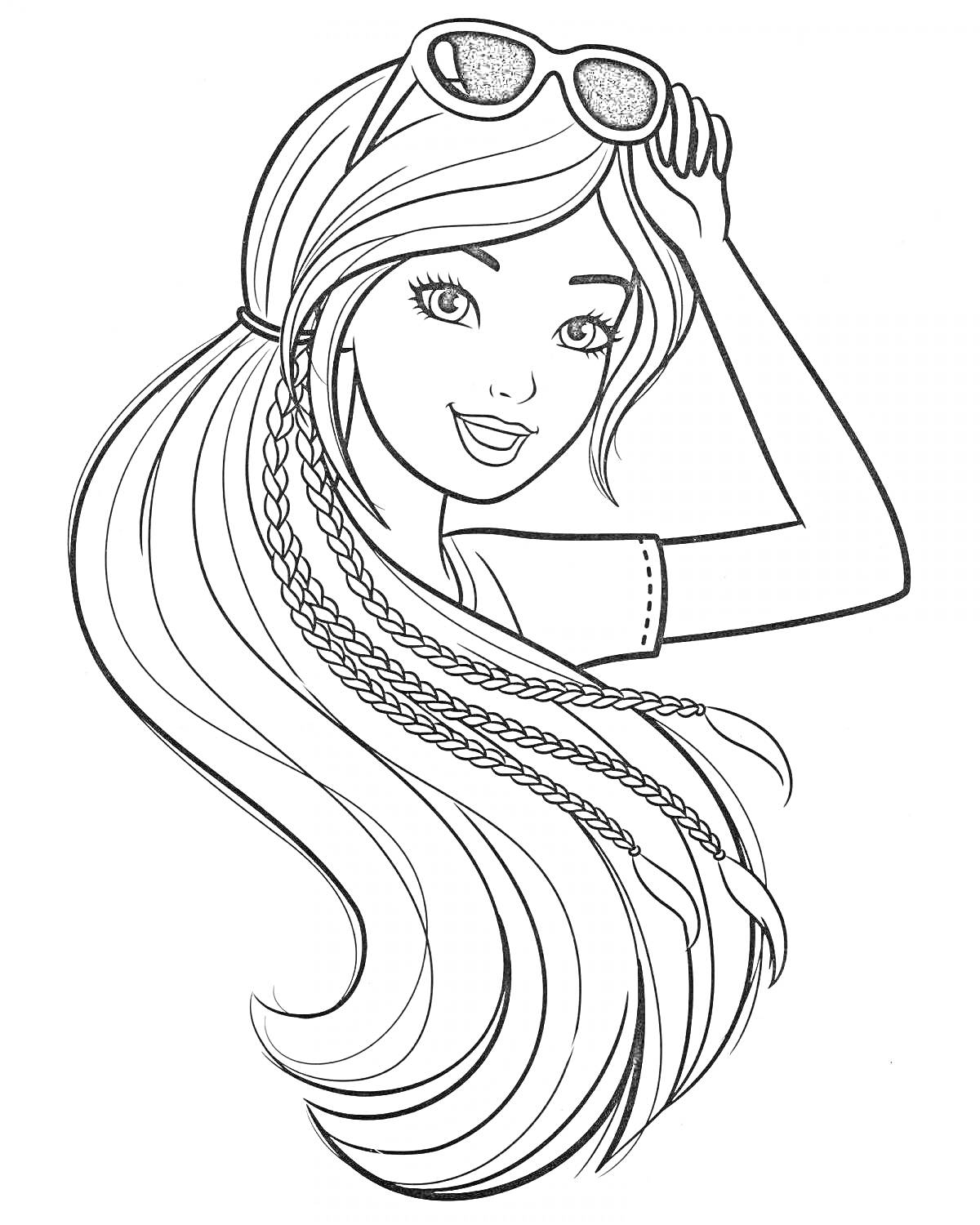 Раскраска Девушка с длинными распущенными волосами и косичками, в очках на голове, поднимающая руку к лицу