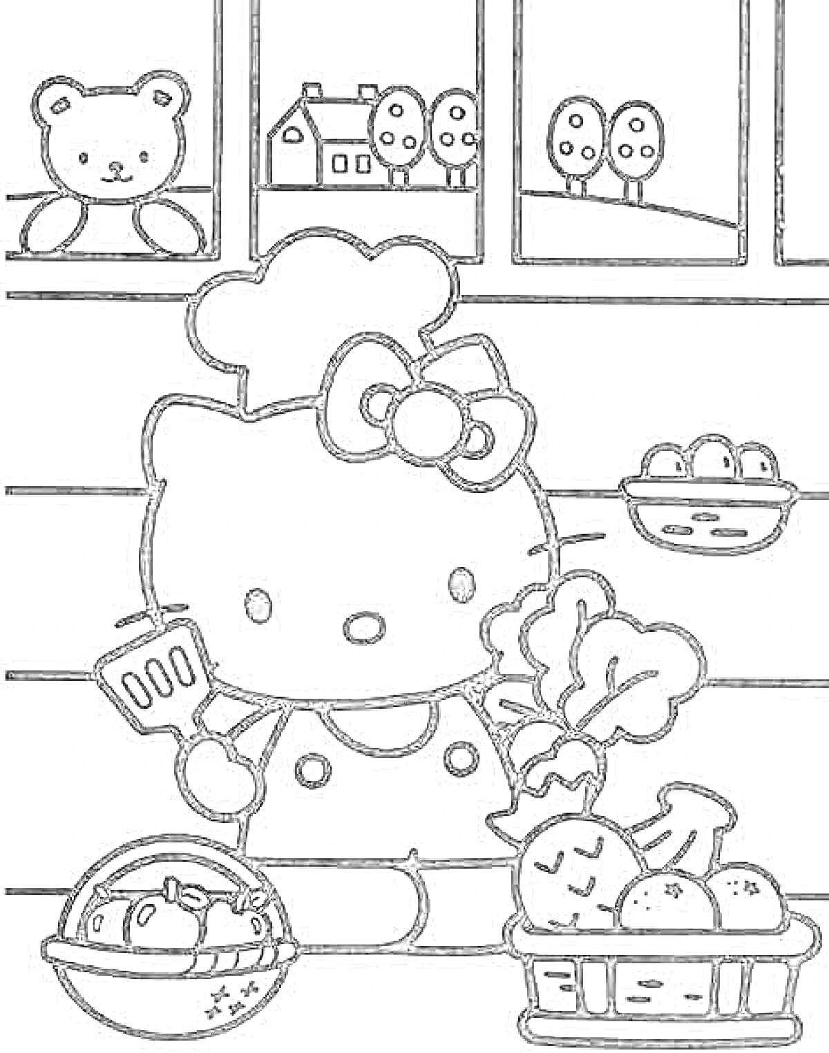 Раскраска Хеллоу Китти готовит с овощами на кухне, медвежонок смотрит в окно, дом, деревья, миски с яйцами и овощами
