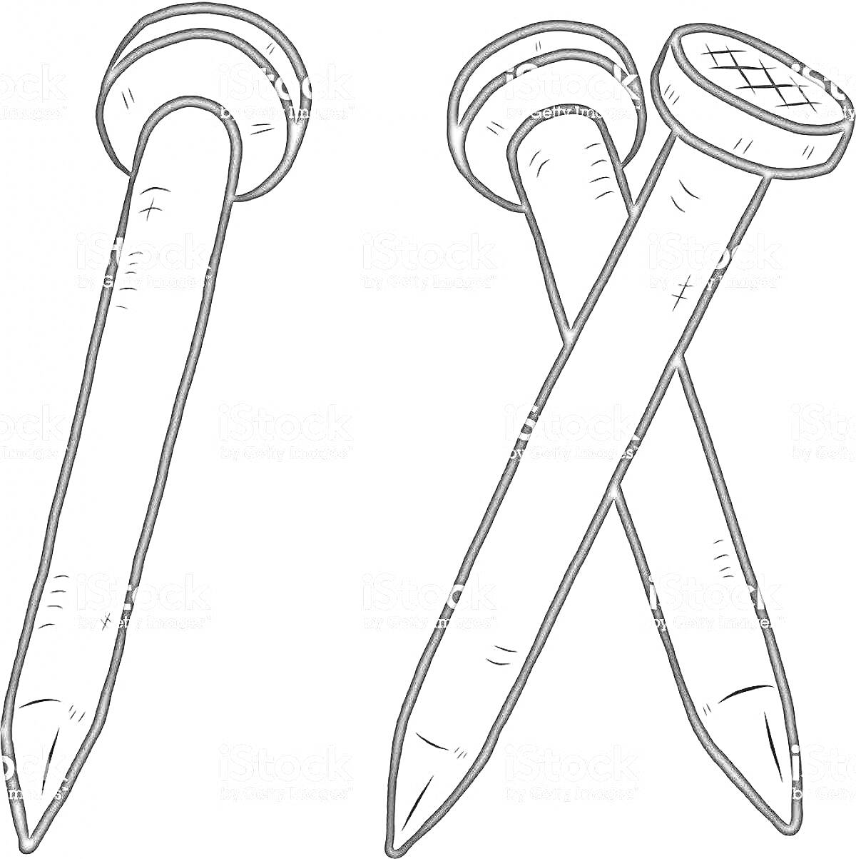 Раскраска Гвозди - два гвоздя с закруглёнными шляпками, пересекающиеся под углом