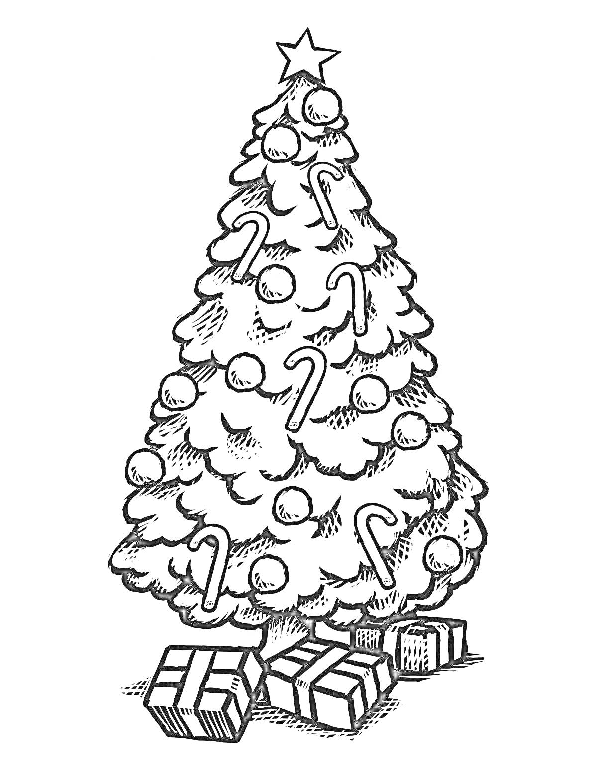 На раскраске изображено: Рождественская елка, Новогодняя елка, Подарки, Шары, Леденцы, Украшения