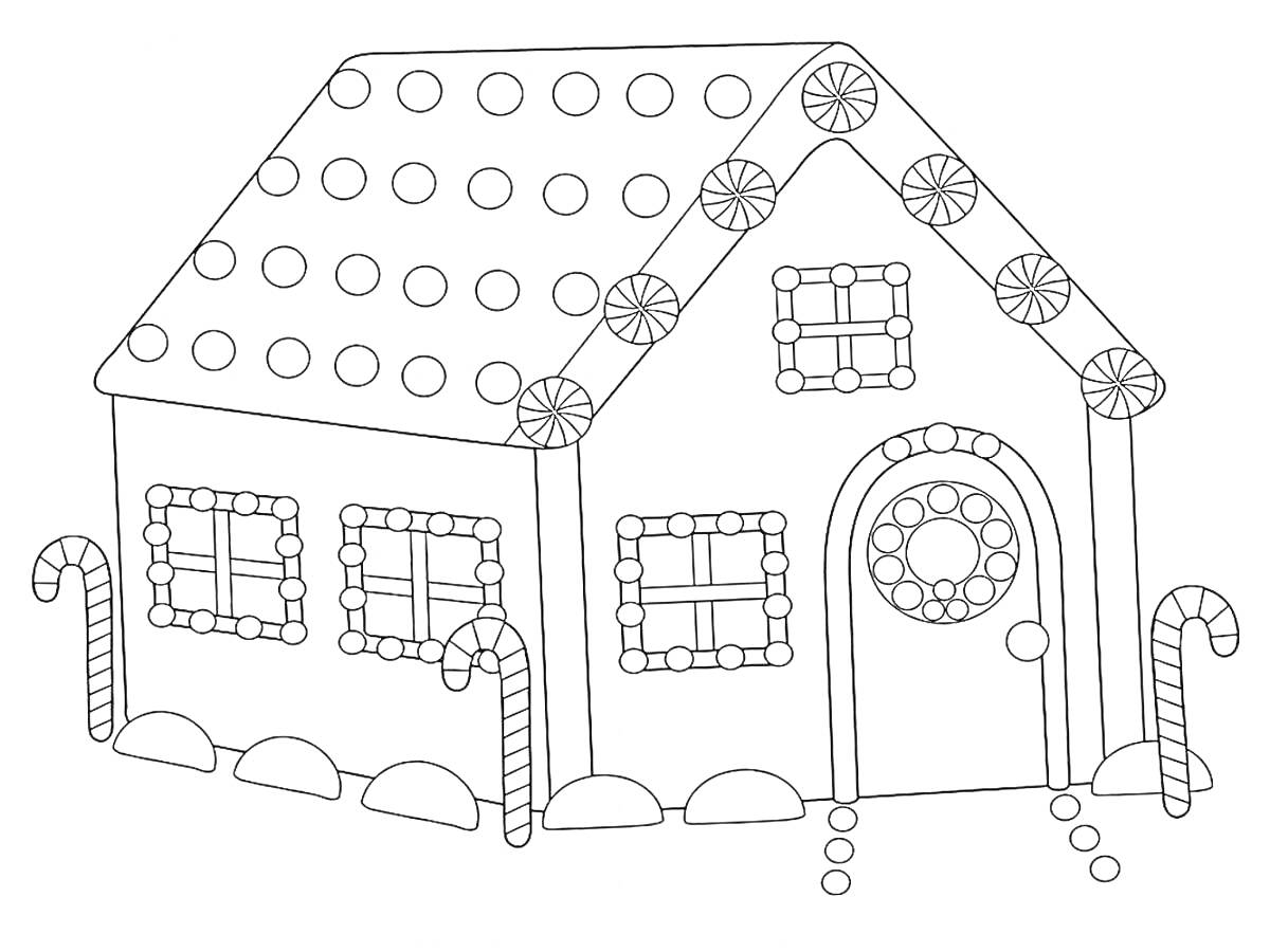 На раскраске изображено: Пряничный домик, Печенье, Конфеты, Окна, Крыша, Новый год, Рождество