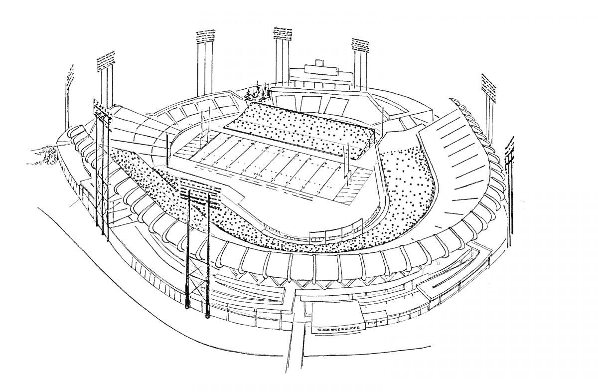 На раскраске изображено: Стадион, Трибуны, Футбольное поле, Спорт, Архитектура, Зрители, Инфраструктура