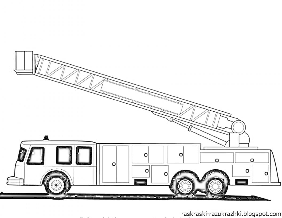 На раскраске изображено: Пожарная машина, Лестница, Для детей, Транспорт, Спасательная техника, Грузовая машина