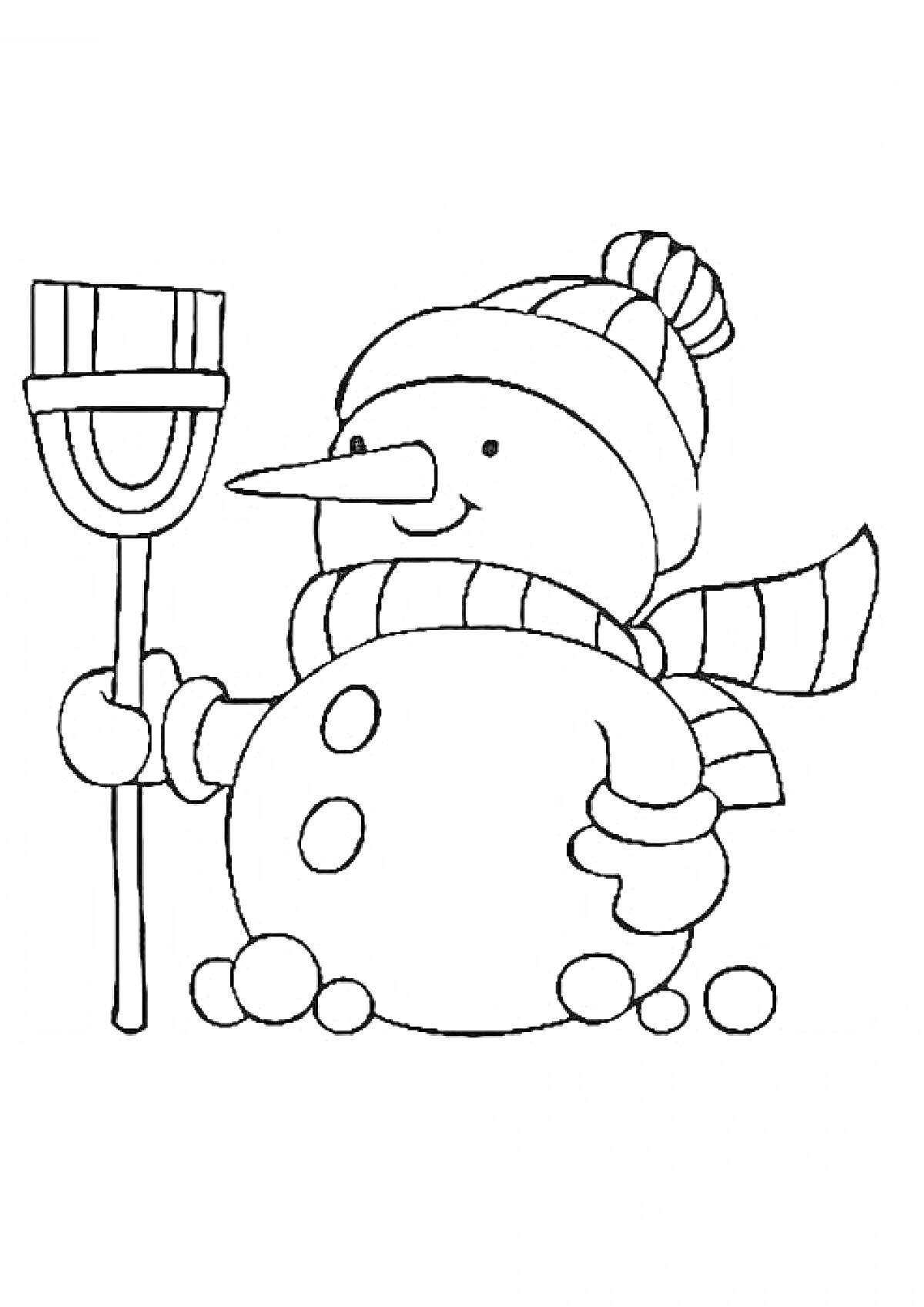 Снеговик с метлой, шарфом и шапкой, окружённый снежками