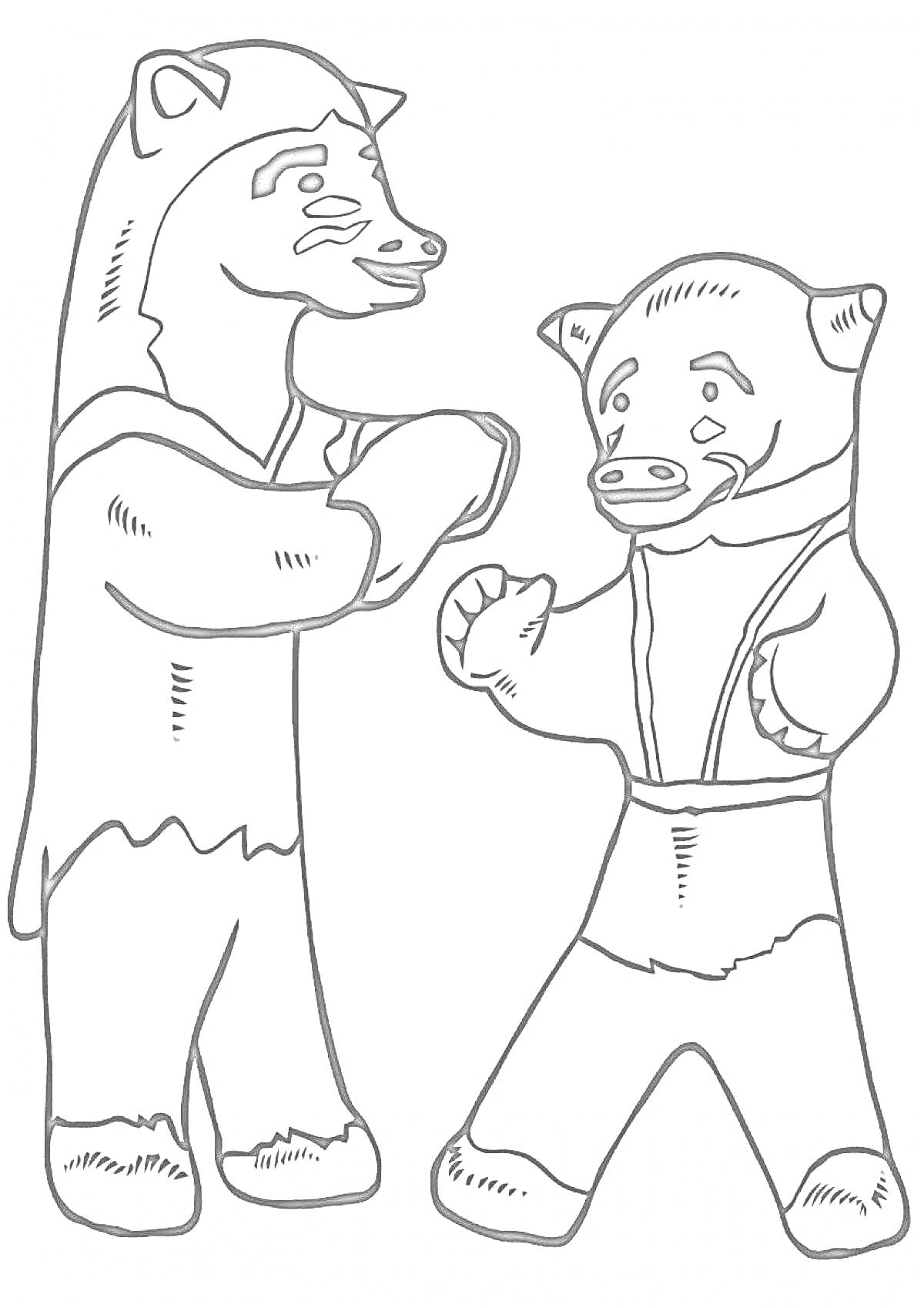 Раскраска Раскраска с изображением двух каргопольских игрушечных медведей, один поднял лапы, другой держит лапы перед собой
