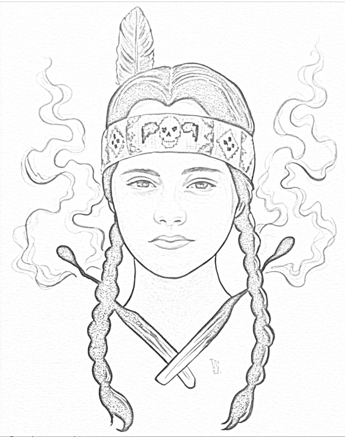 Раскраска Портрет Венсдей с пером в волосах и дымом на фоне, с повязкой на голове с черепом и перекрещенными стрелами