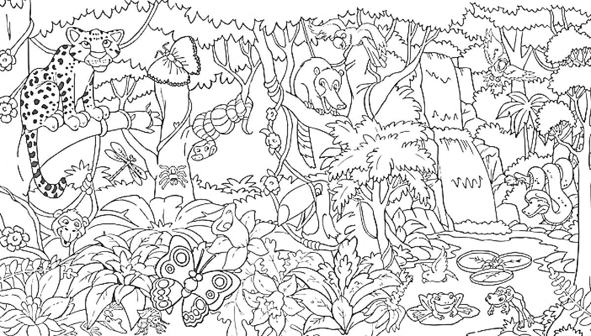 Раскраска Джунгли: леопард, обезьяны, попугай, тукан, лемур, слон, тигр, лягушки, бабочки, ящерица, дерево, лианы, кусты