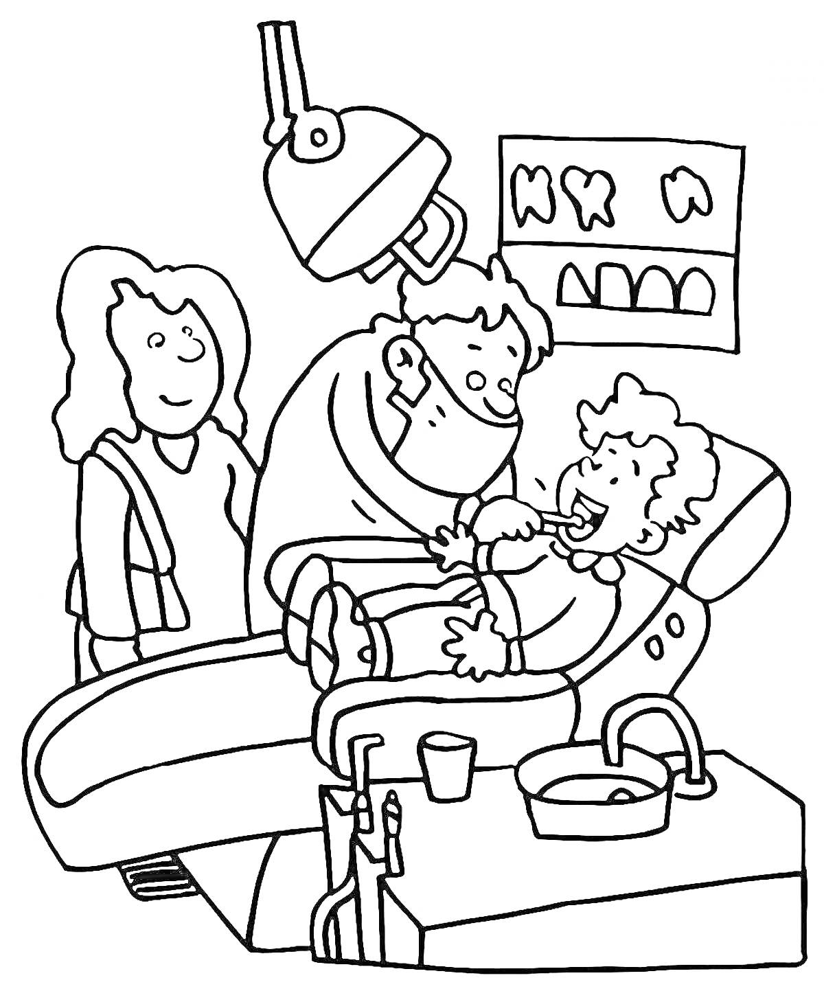 Визит к стоматологу – ребенок на стоматологическом кресле, стоматолог осматривает зубы с использованием инструментов, ассистент смотрит, на стене висят изображения зубов