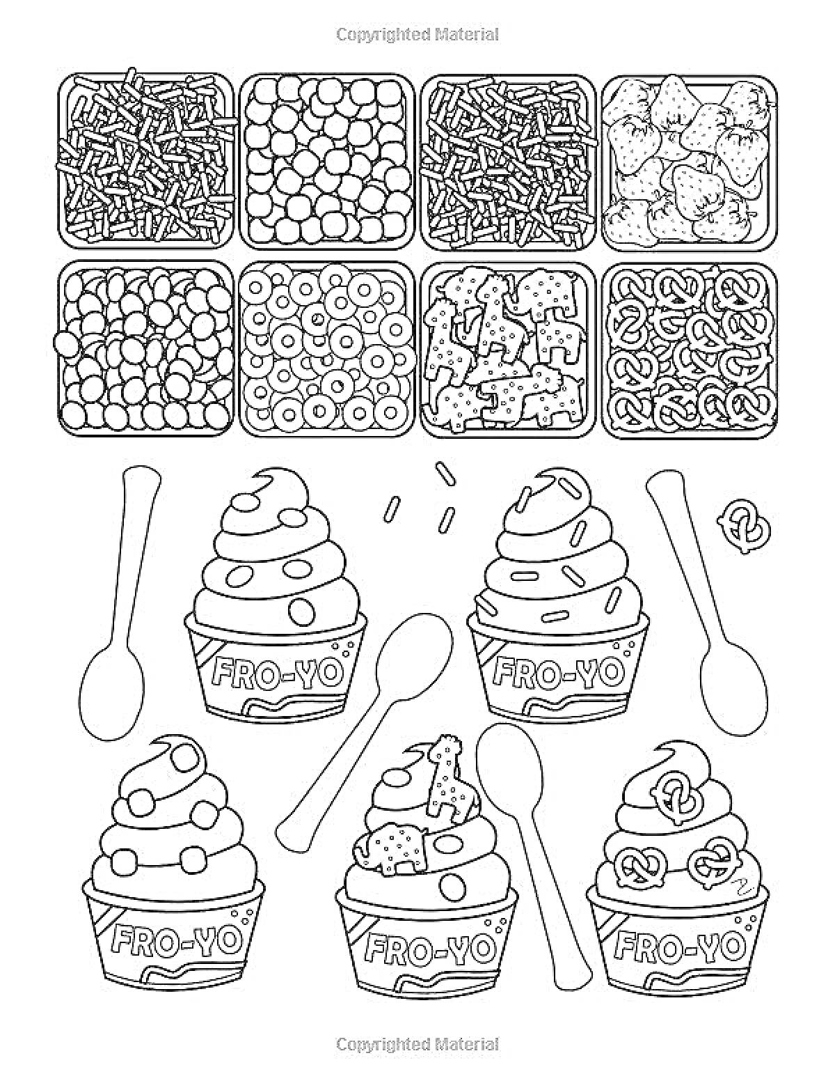 Раскраска Мороженое в стаканчиках с предновогодними сладостями (йогурт мороженое, пластиковая ложка, соломка, жевательные конфеты, маршмеллоу, дропсы, крендельки)
