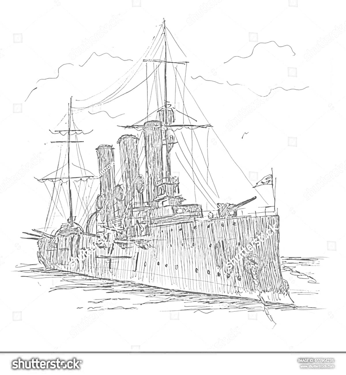 На раскраске изображено: Крейсер, Аврора, Корабль, Море, Вода, Облака, История, Военный корабль