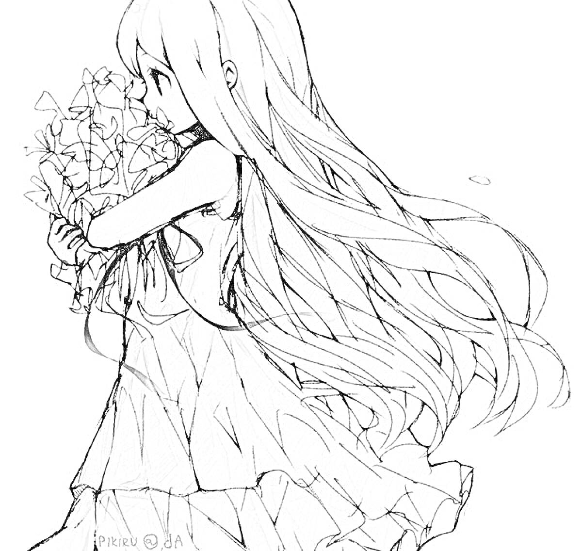 На раскраске изображено: Девочка, Длинные волосы, Платье, Цветы