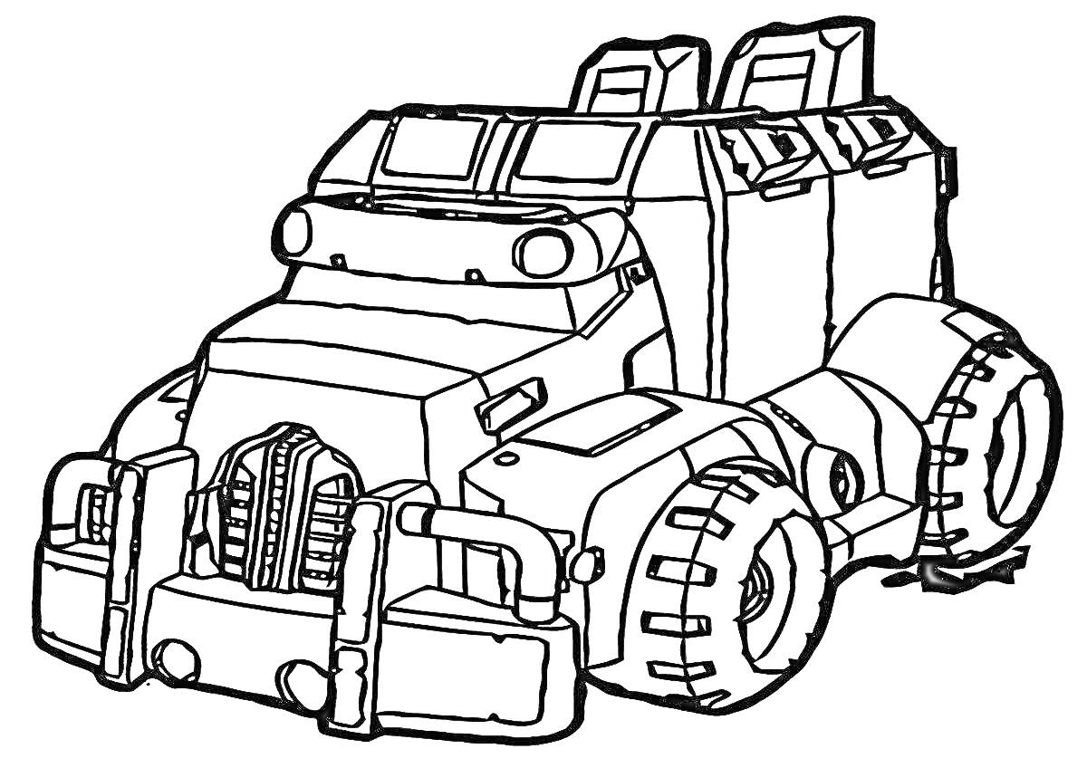 Спасательный бот-грузовик с крупными шипованными колесами и окном из двух панелей