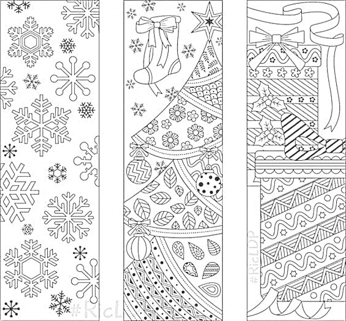 Раскраска закладки новогодние с элементами снежинок, елки с украшениями, подарков