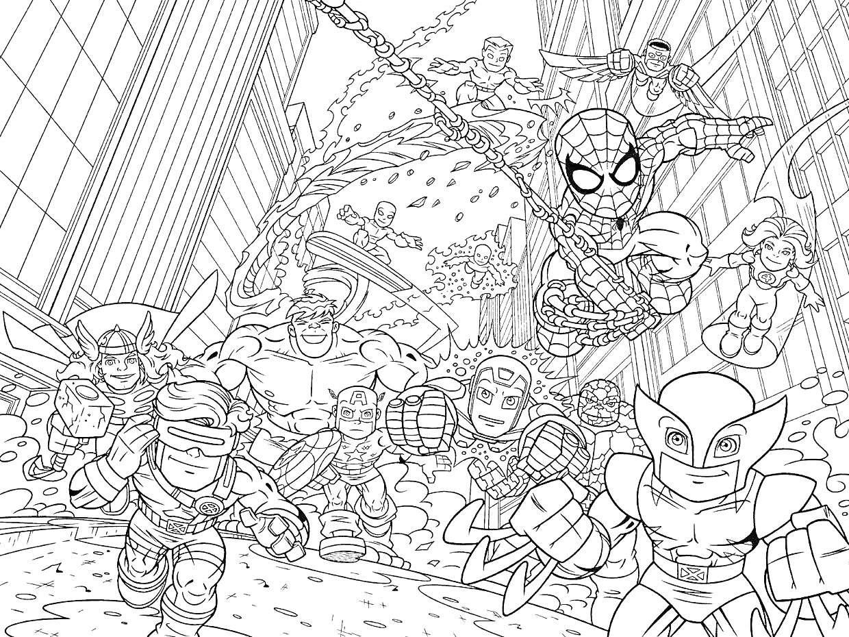 Раскраска Герои Marvel бегут по городу (Человек-Паук, герои с когтями, герои с крыльями, герои с щитом и лазерами) на фоне высотных зданий