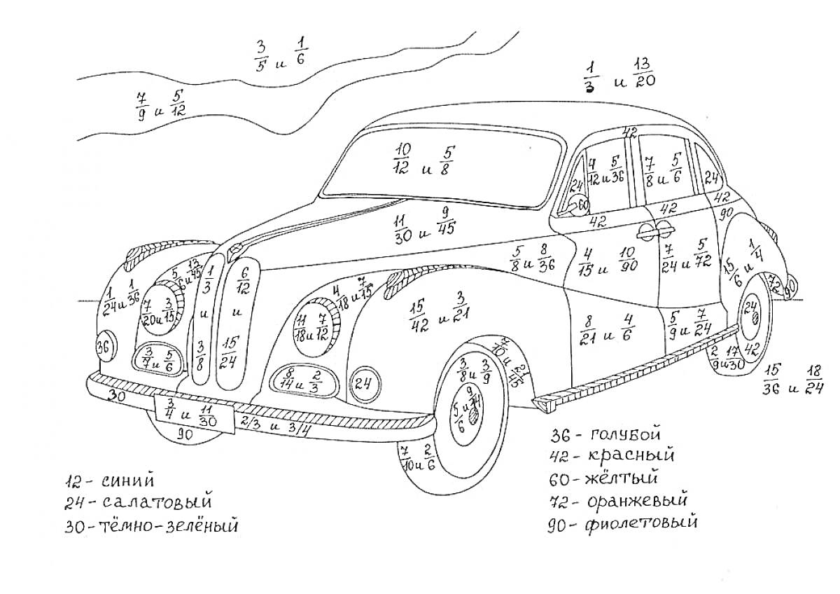 Раскраска Автомобиль на фоне природы с номерами для раскраски