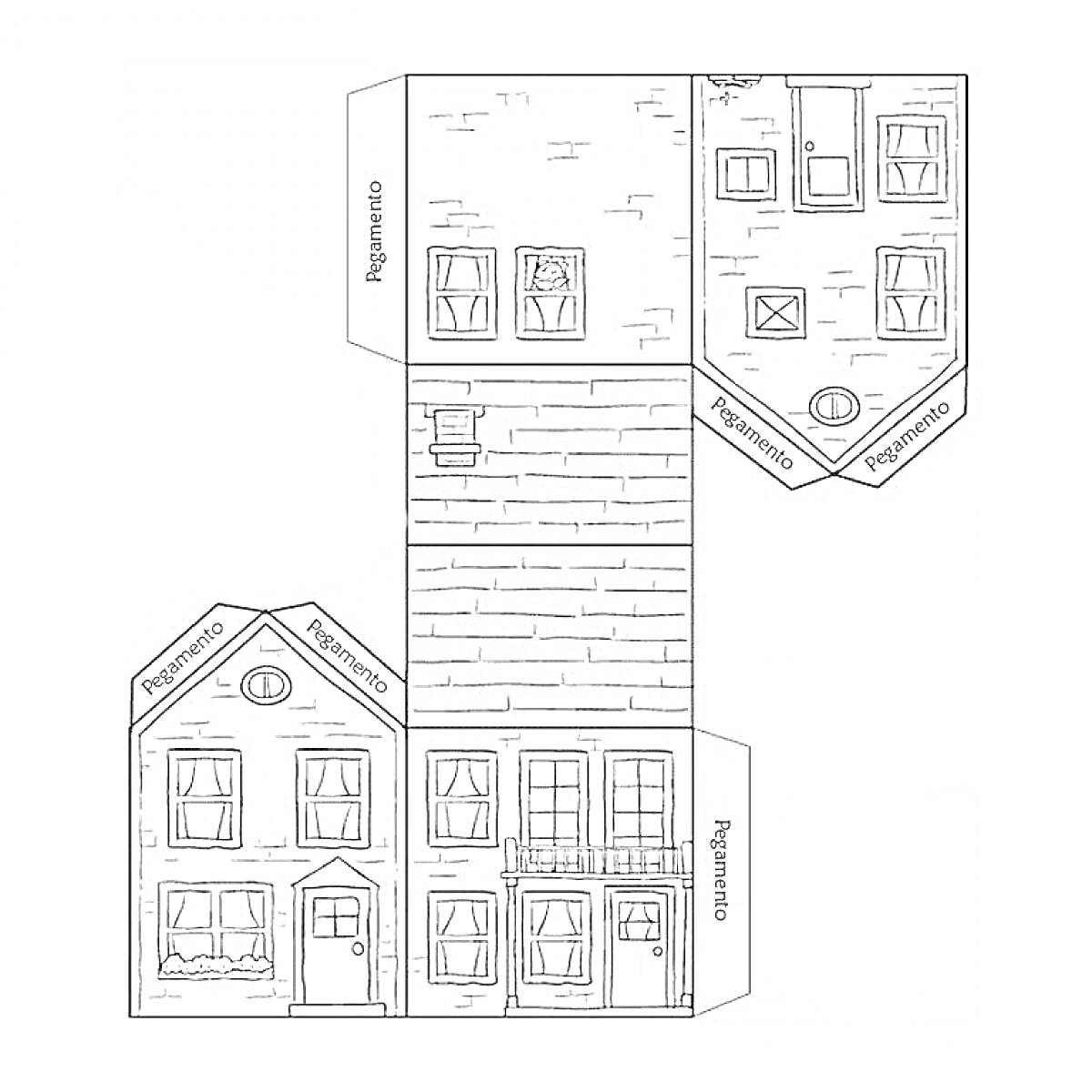 Раскраска Макет бумажного дома с крышей, стенами с дверями и окнами, балконом и трубой