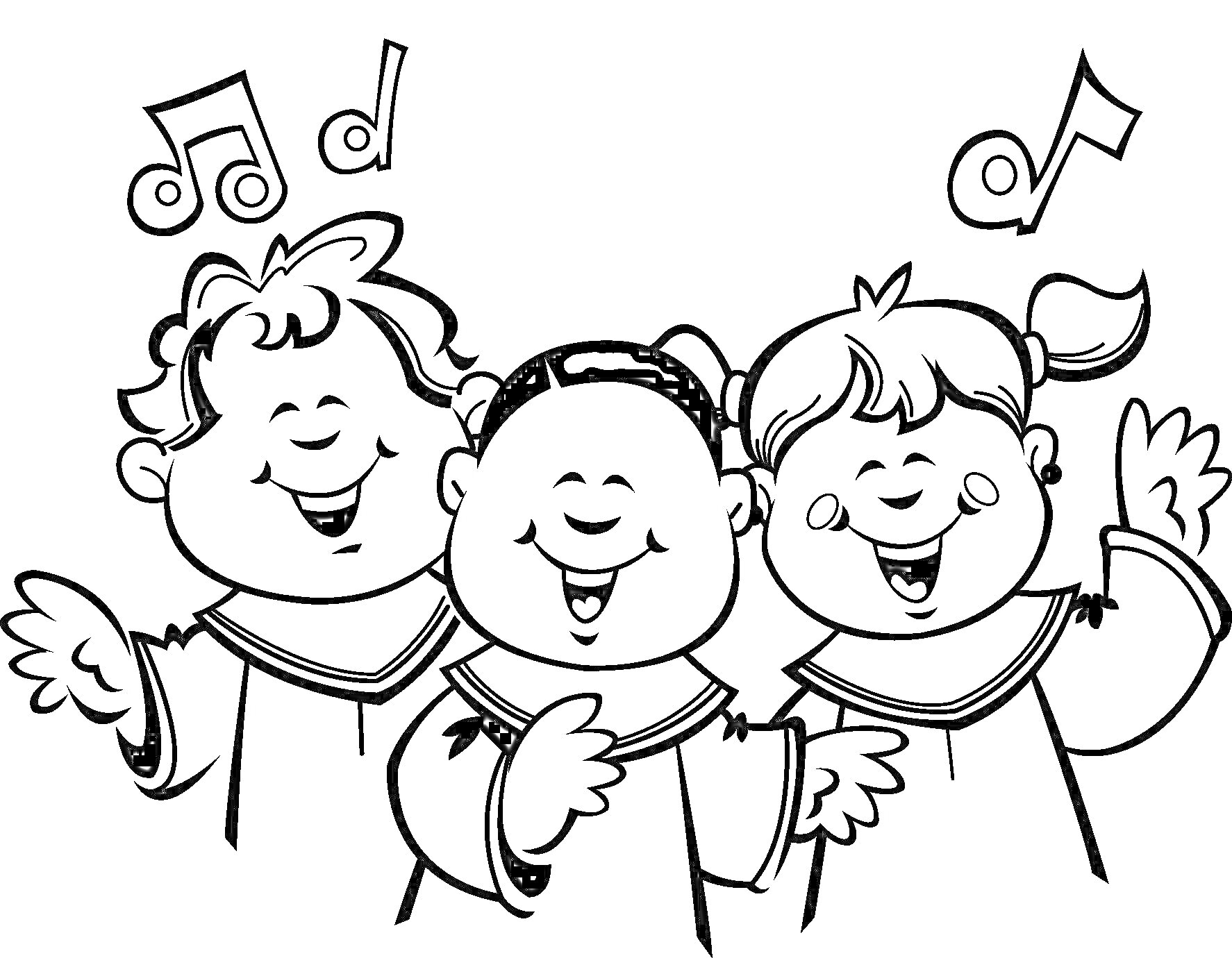 Раскраска Дети поют в хоре с нотами на фоне