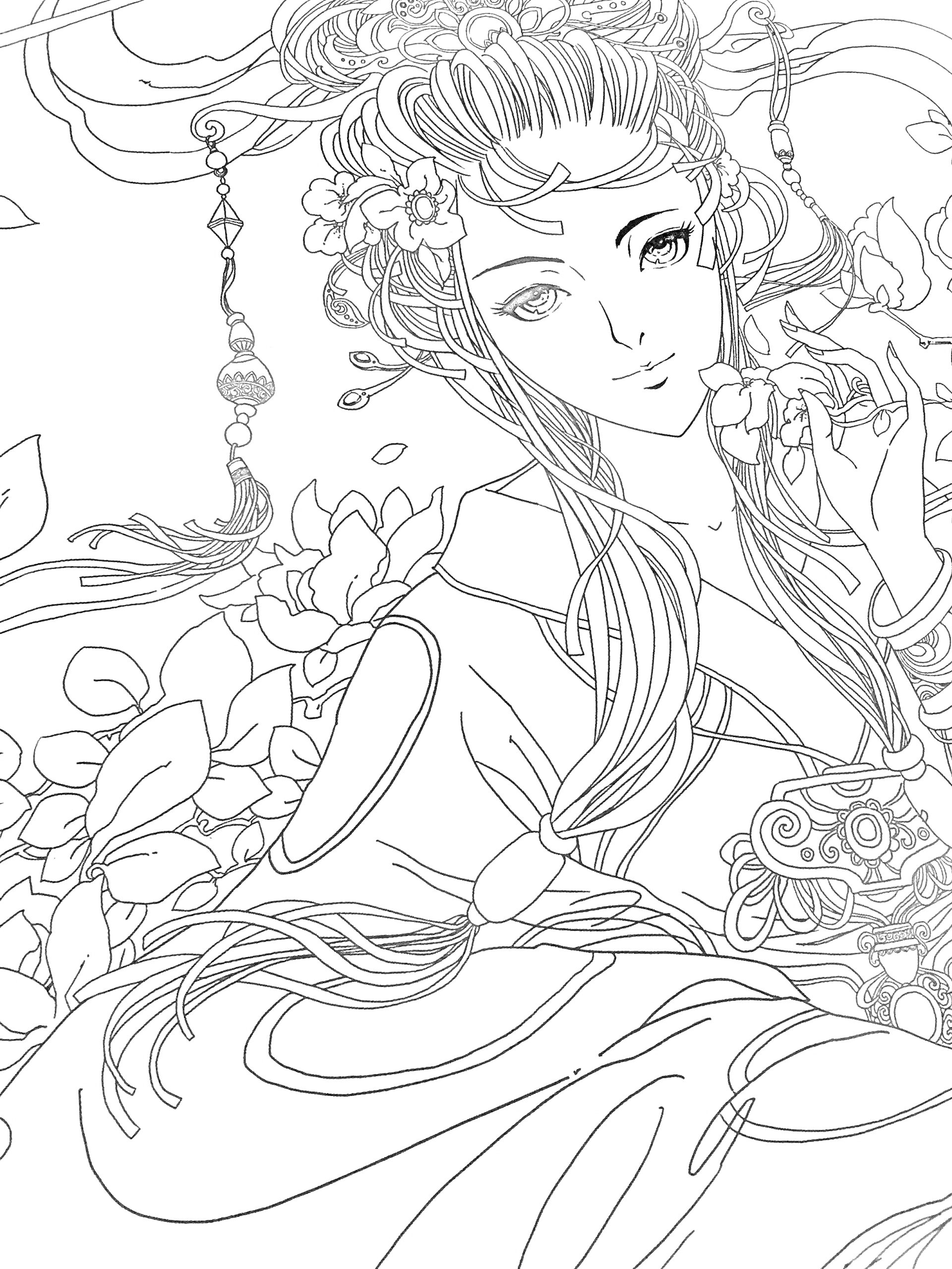 Раскраска Аниме девушка с цветами в волосах и азиатским орнаментом