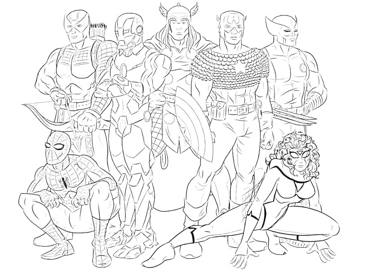 На раскраске изображено: Команда, Человек-паук, Супергерои, Железный Человек, Тор, Капитан Америка, Комиксы, Черная вдова, Росомаха